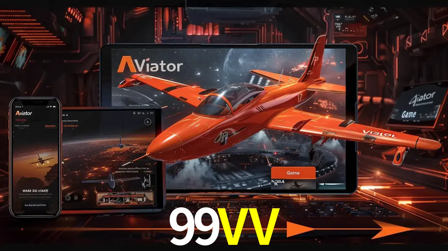 Apresentação tecnológica do jogo Aviator com um avião saindo da tela de um tablet, demonstrando a experiência imersiva em múltiplos dispositivos no 99VV.