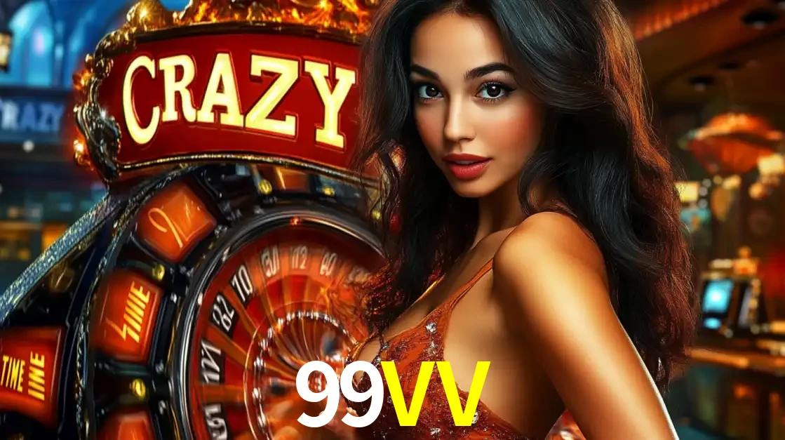Mulher glamourosa olhando para a câmera com a roda vermelha do Crazy Time ao fundo em um ambiente de cassino, destacando a emoção dos jogos ao vivo no 99VV.