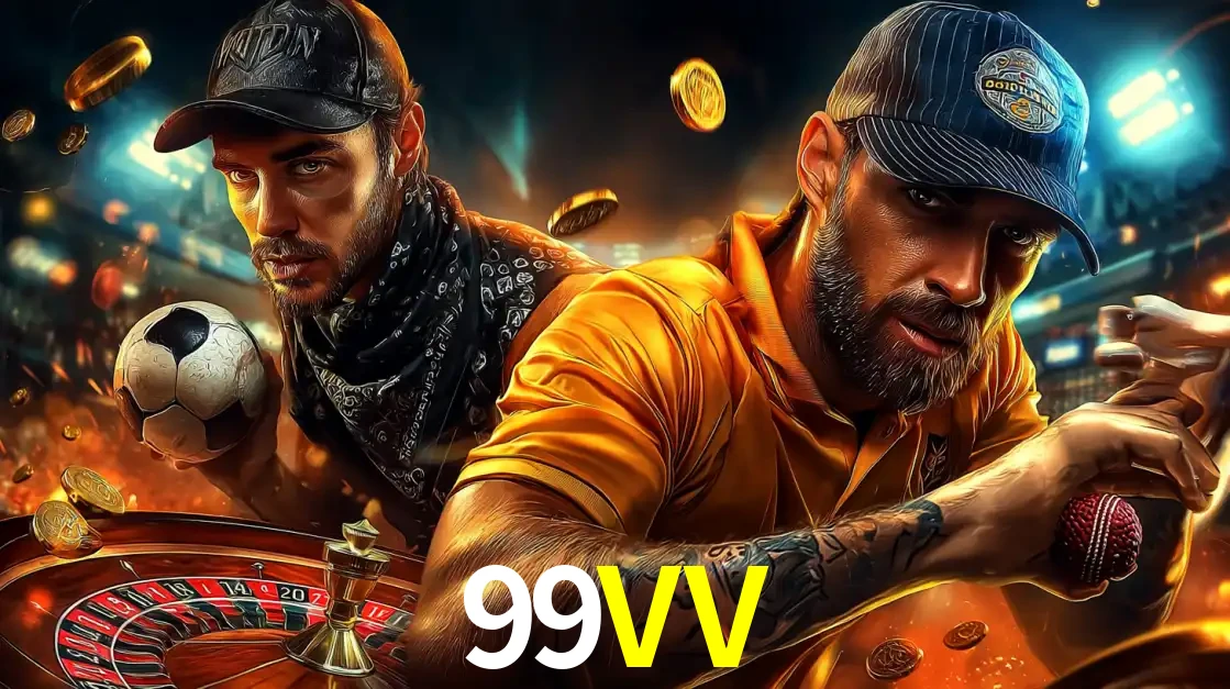 Montagem de apostas esportivas e cassino no 99VV, com um homem segurando uma bola de futebol e outro uma de beisebol sobre uma roleta e moedas voadoras.