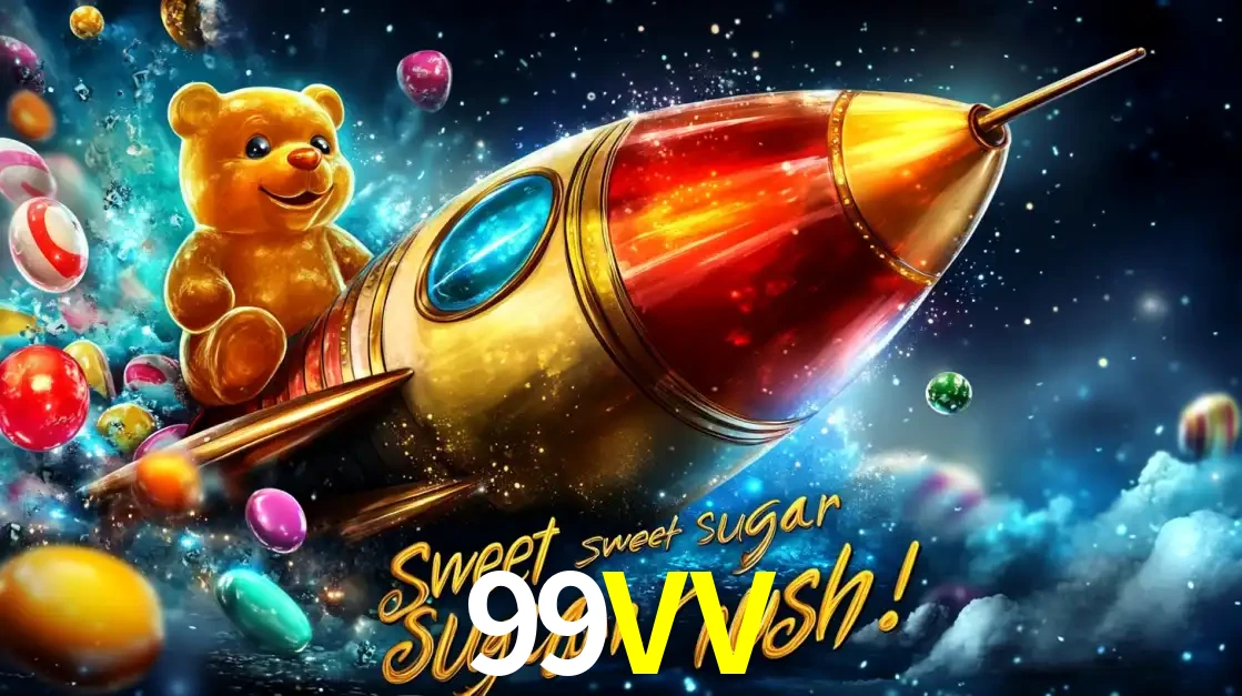 Arte promocional do jogo de slot Sugar Rush, com um urso de pelúcia em um foguete viajando pelo espaço de doces, um dos jogos divertidos disponíveis no cassino 99VV.