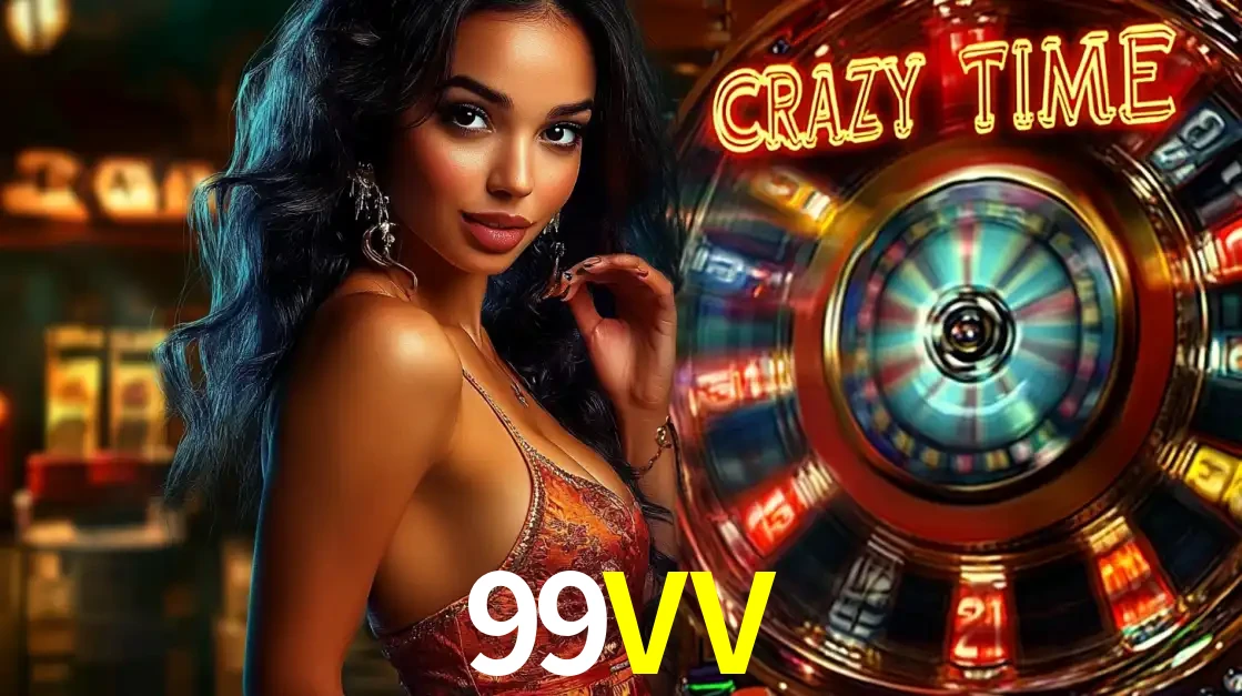 Mulher elegante ao lado da vibrante roda da fortuna do jogo de cassino ao vivo Crazy Time, um dos game shows mais populares e cheios de prêmios do 99VV.