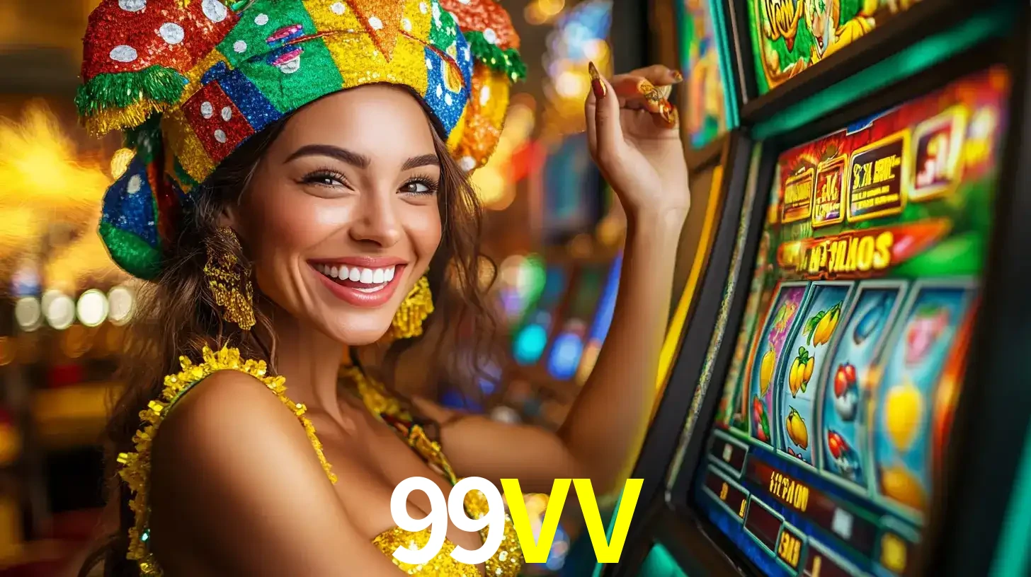 Mulher feliz com traje de carnaval amarelo e colorido ao lado de uma máquina de caça-níqueis, aproveitando a diversão e os jogos temáticos do cassino 99VV.