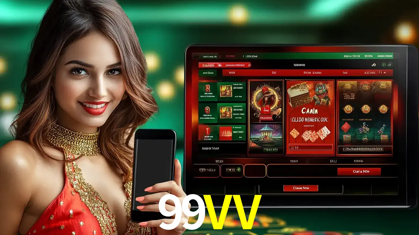 Mulher sorridente segurando um smartphone, ao lado de uma tela exibindo o lobby de jogos do cassino online 99VV, com várias opções de jogos de cartas e slots.